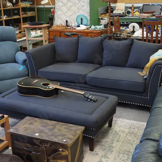 charcoal upholstered chesterfield 3 seater settee with matching ottoman - dome trim H750 W1220 D930