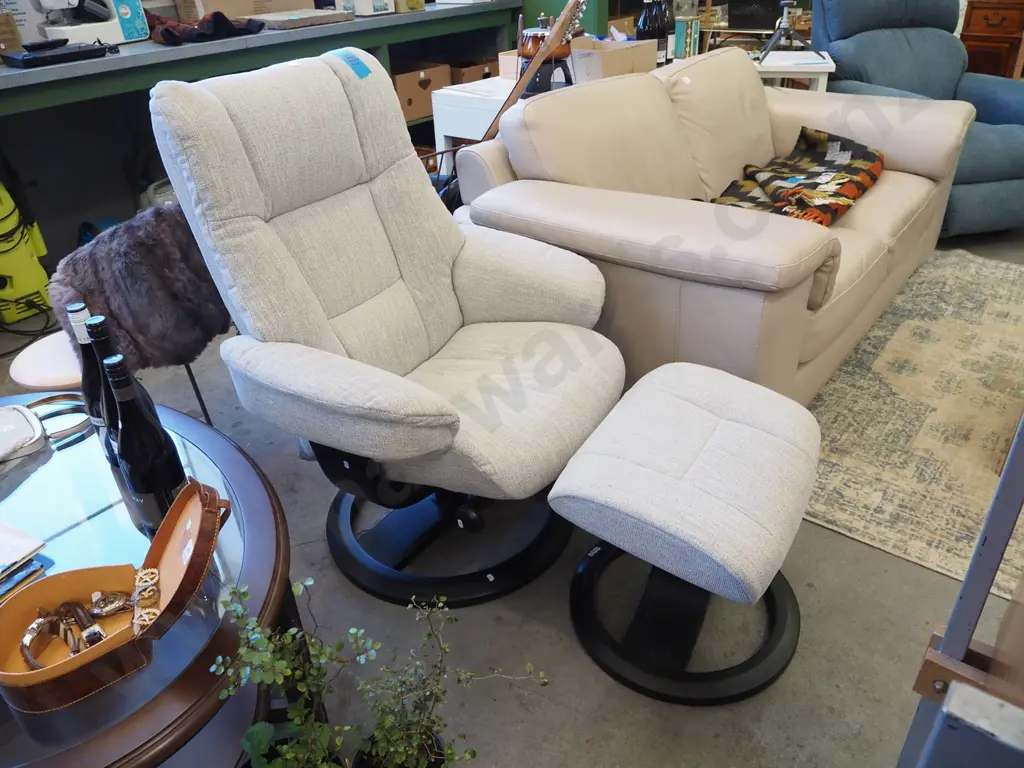swivel reclining armchair with matching footstool with fawn upholstery - excellent condition Image 1++