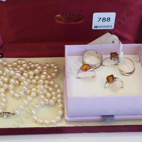 pearl? necklace, 5x sterling silver rings