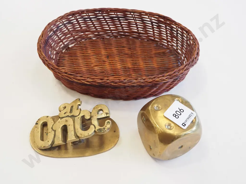 cane basket, large brass dice, brass paper clip Image 1++