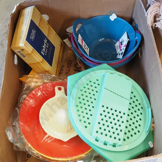 box; plastic bowls, fabric care kit, tupperware etc