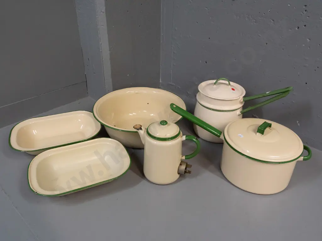 assorted vintage enamel ware - electric jug, no cord, large pot, basin, 2 rectangular baking dishes, double boiler, all Image 1++