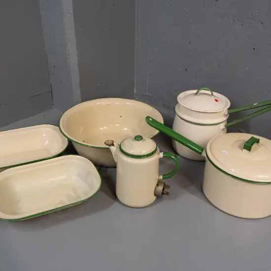 assorted vintage enamel ware - electric jug, no cord, large pot, basin, 2 rectangular baking dishes, double boiler, all