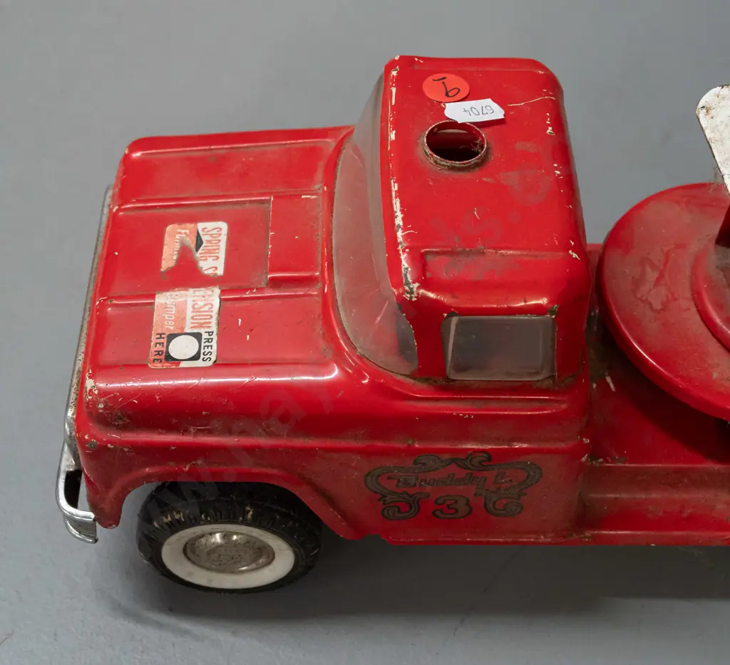 large tin toy vehicle - Buddy L "BLFD" fire engine with spring suspension and ladder - missing cab light and some Image 1++