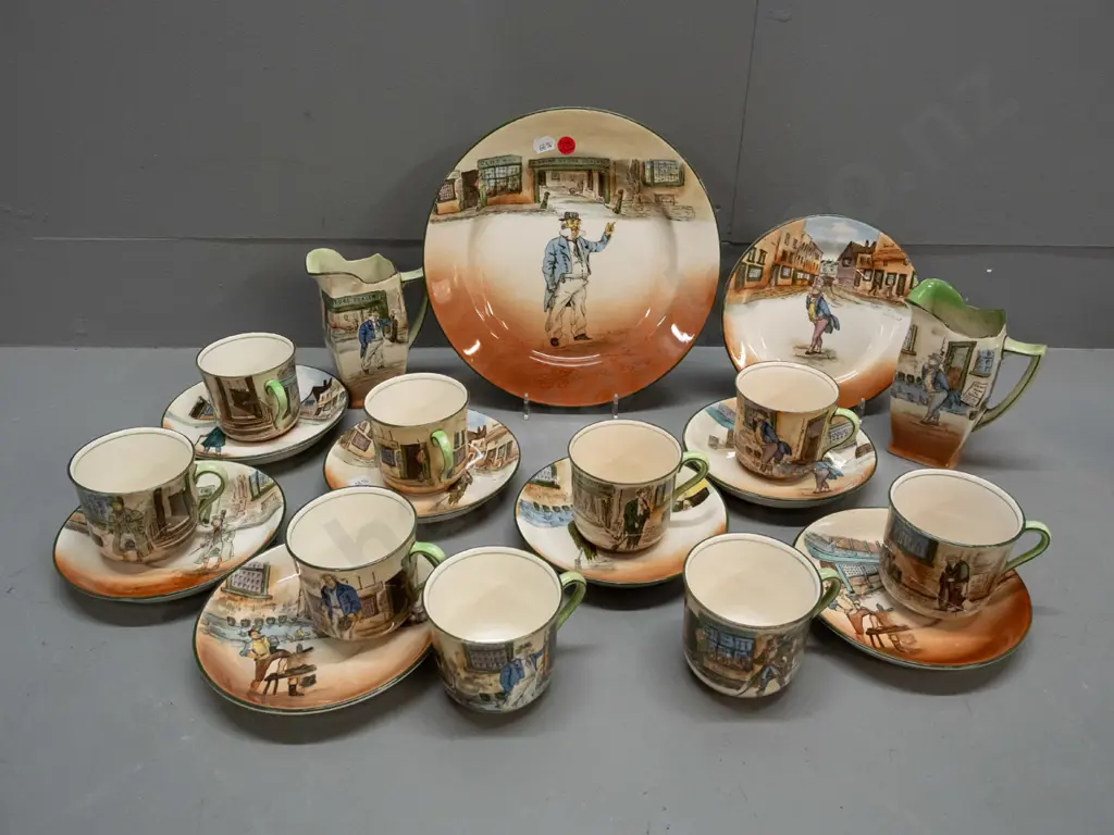 assorted Royal Doulton Dickens Ware: 6 cups & saucers, trio, 2 cups, 2 jugs and a plate - Capt. Cuttle, Poor Jo, Barkis, Image 1++