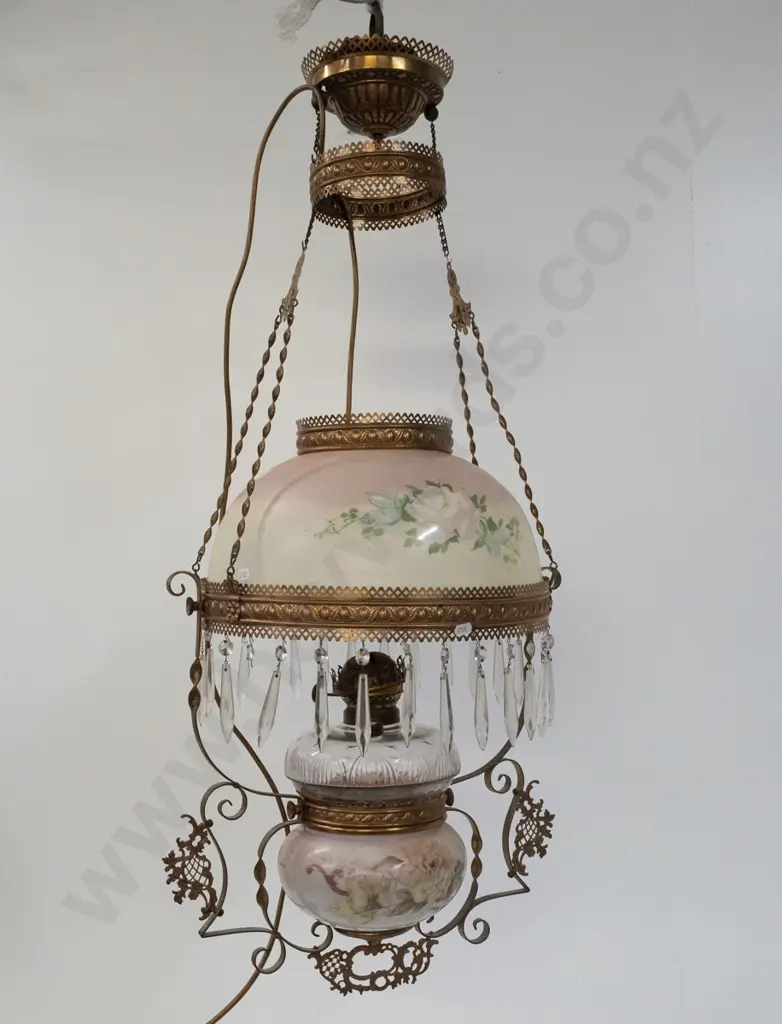circa 1890s rise and fall hanging kerosene ceiling light converted to electrical fitting - with hand painted glass shade Image 1++
