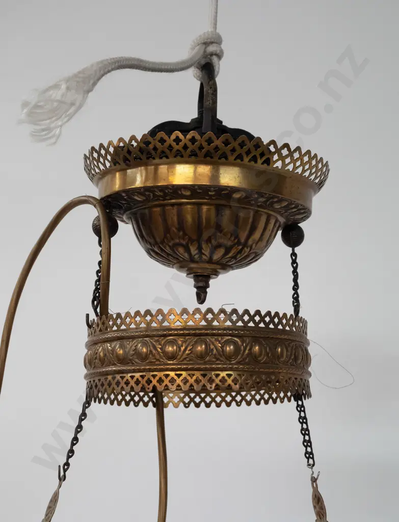 circa 1890s rise and fall hanging kerosene ceiling light converted to electrical fitting - with hand painted glass shade Image 1++