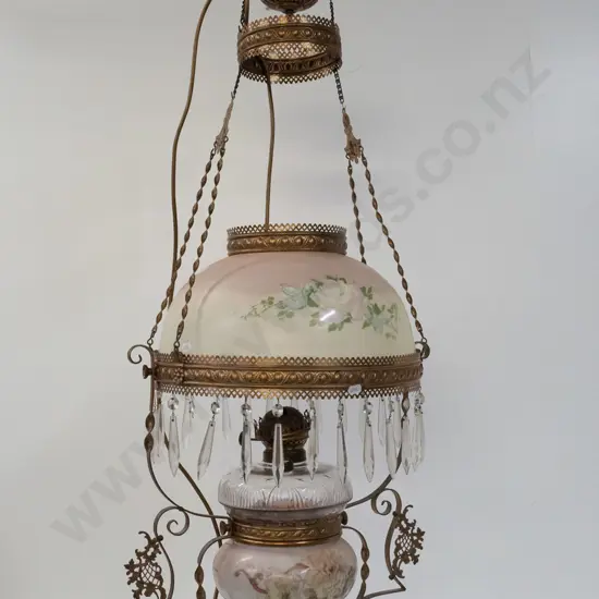 circa 1890s rise and fall hanging kerosene ceiling light converted to electrical fitting - with hand painted glass shade