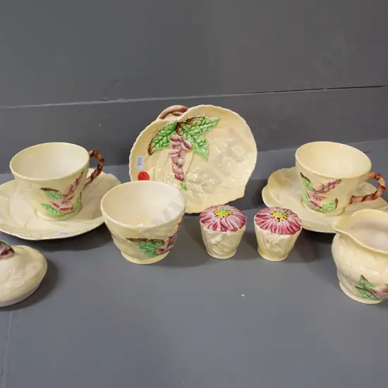 retro Carlton Ware foxglove items - 2 cups & saucers, small plate, cream & sugar, 2 salt/pepper and a lid for a teapot -