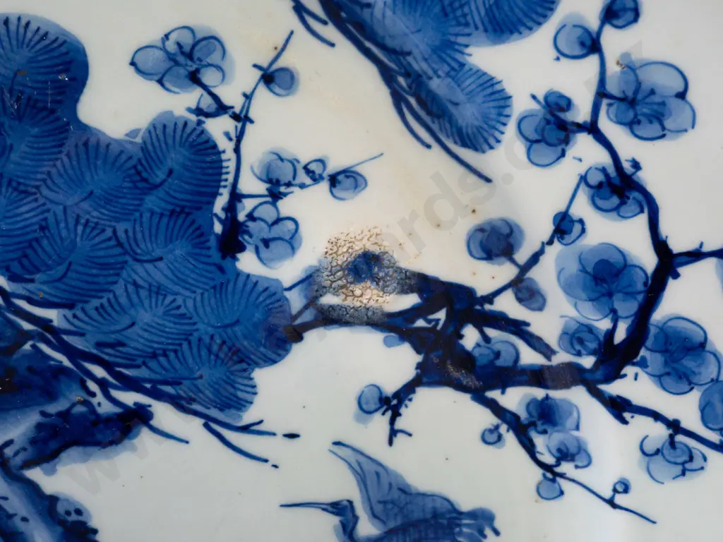 large blue & white asian tree scene wall charger with character mark on back. Some glaze or firing faults and bubbles Image 1++