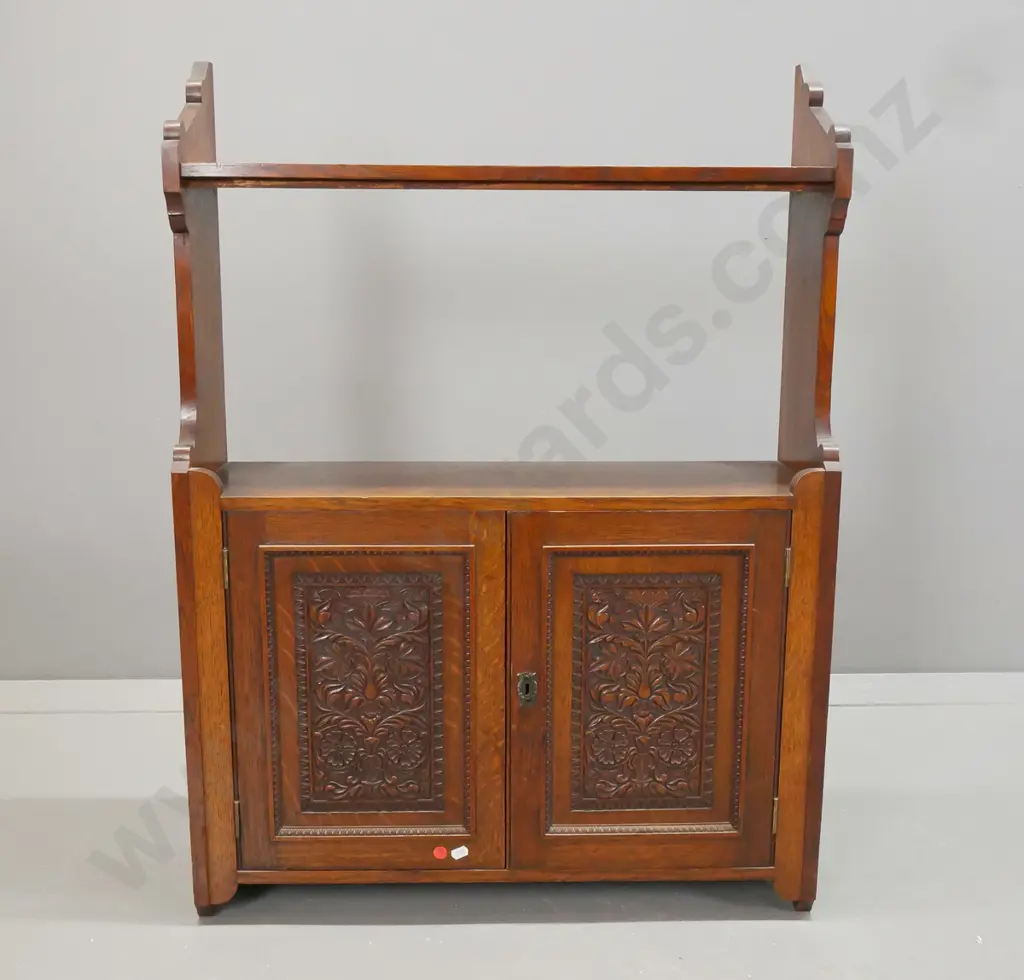 vintage oak wall hanging open back 2 door cupboard with lower shelf, foliate carved door panels, shaped sides and dome- Image 1++