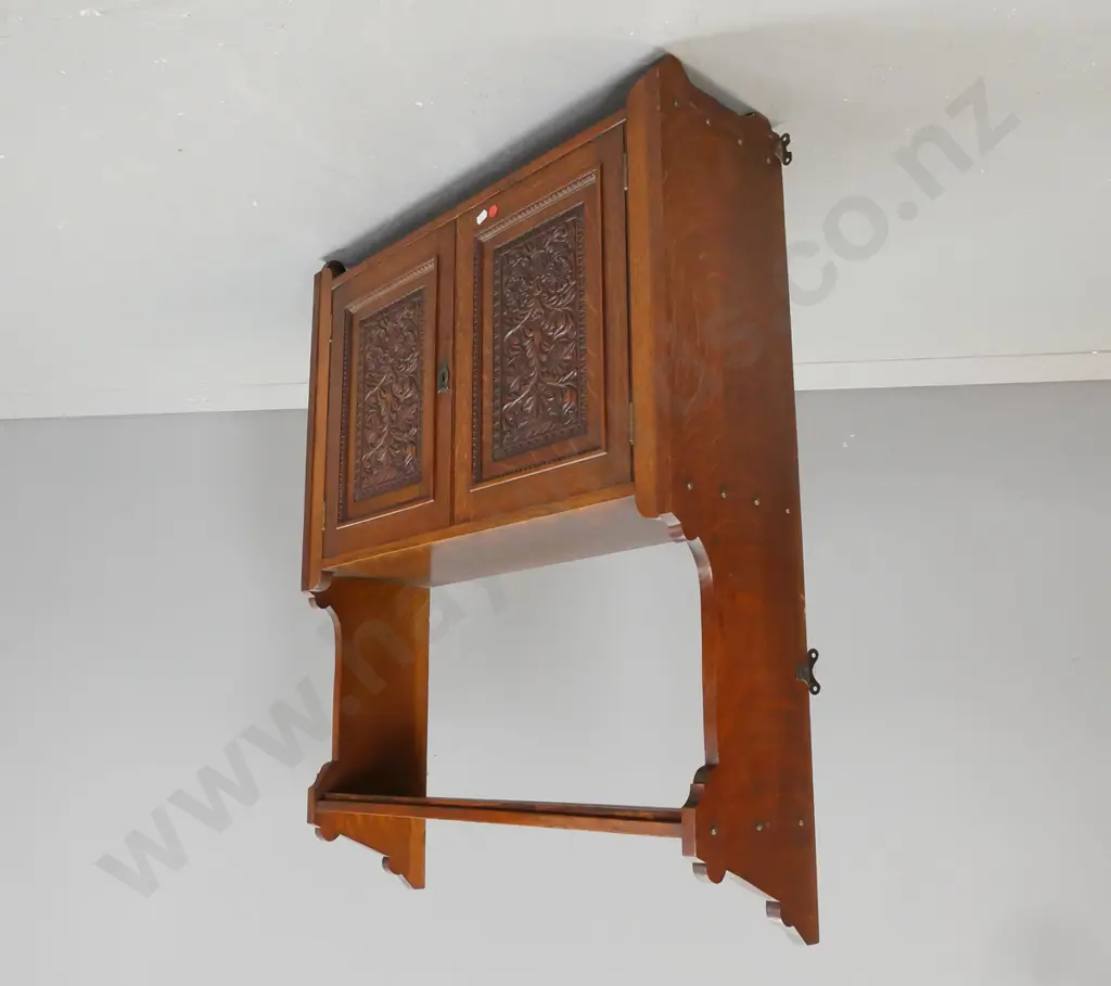 vintage oak wall hanging open back 2 door cupboard with lower shelf, foliate carved door panels, shaped sides and dome- Image 1++