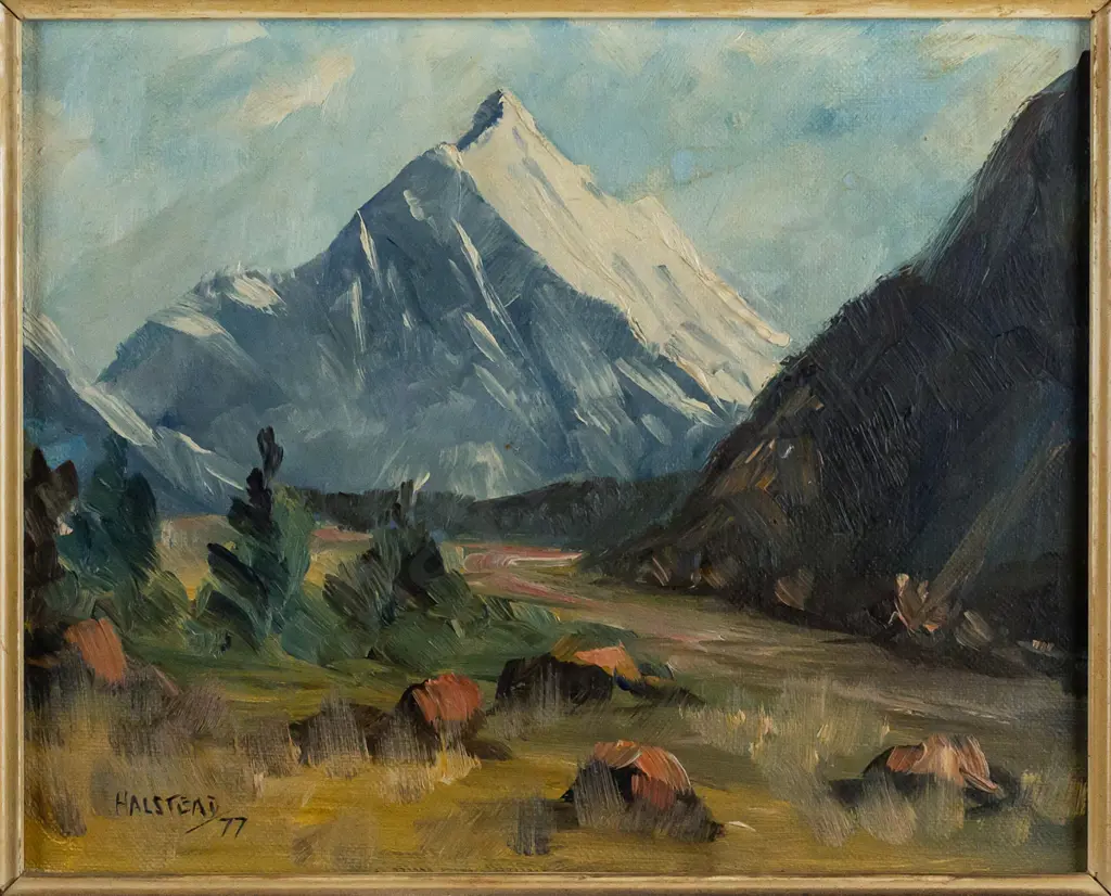 Halstead  -- framed oil on board, landscape with mountain. [some discolouration to frame] Image 1++