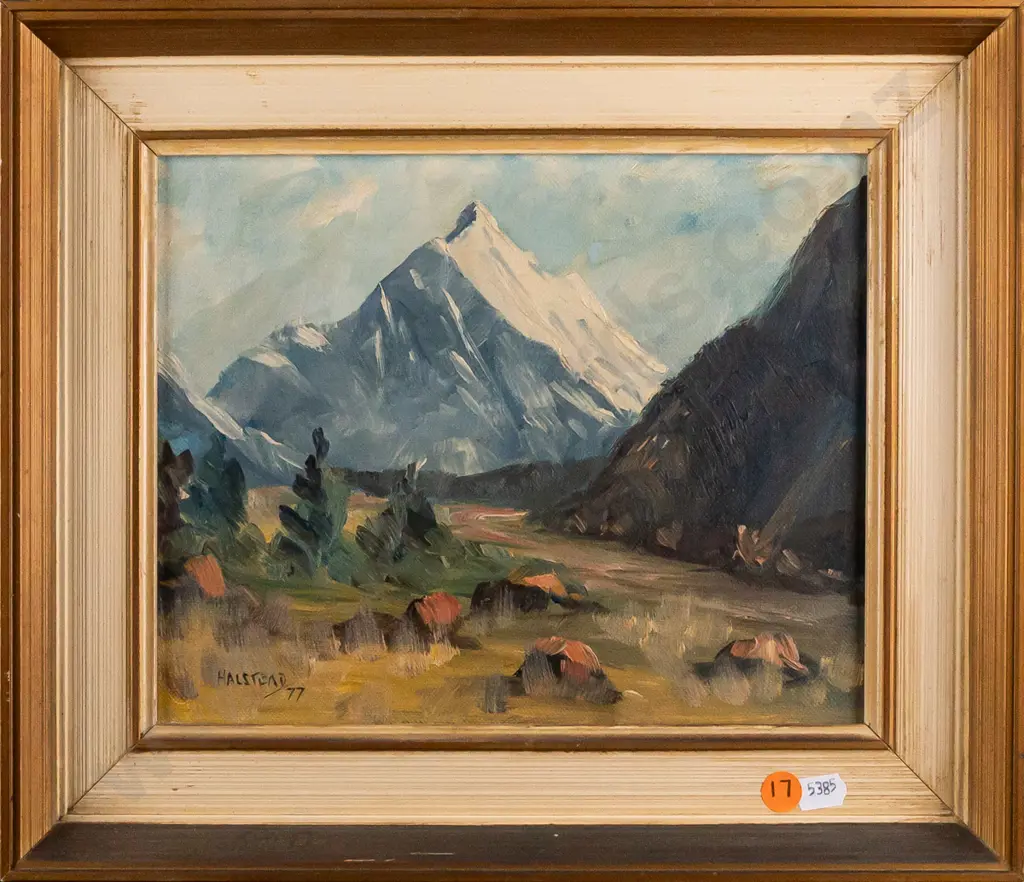 Halstead  -- framed oil on board, landscape with mountain. [some discolouration to frame] Image 1++