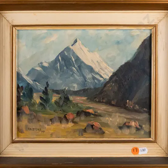 Halstead  -- framed oil on board, landscape with mountain. [some discolouration to frame]