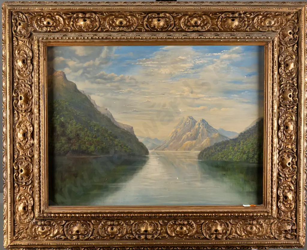 Chapman -- ornately framed oil on board, Fiordland landscape H-355 W-475 [a few small chips to paint] Image 1++
