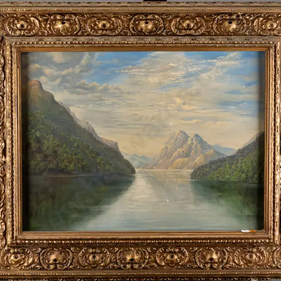 Chapman -- ornately framed oil on board, Fiordland landscape H-355 W-475 [a few small chips to paint]