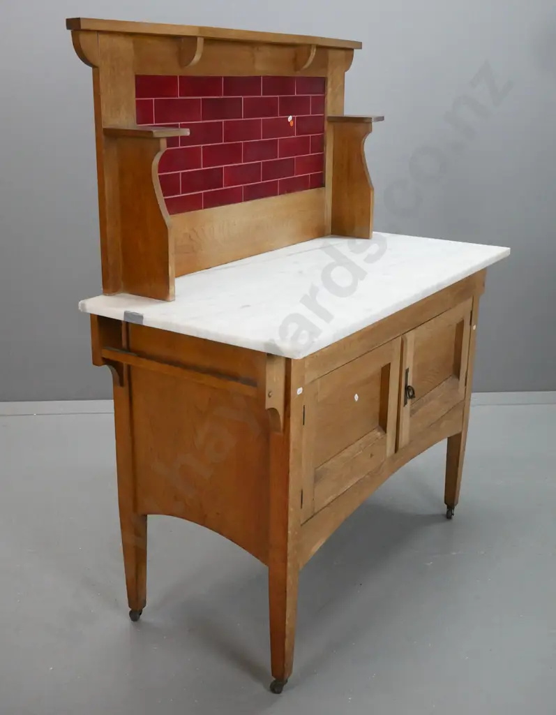 vintage arts & crafts oak tile-back wash stand w/ marble top, red tiles, 2 panelled doors, square tapered legs on metal Image 1++