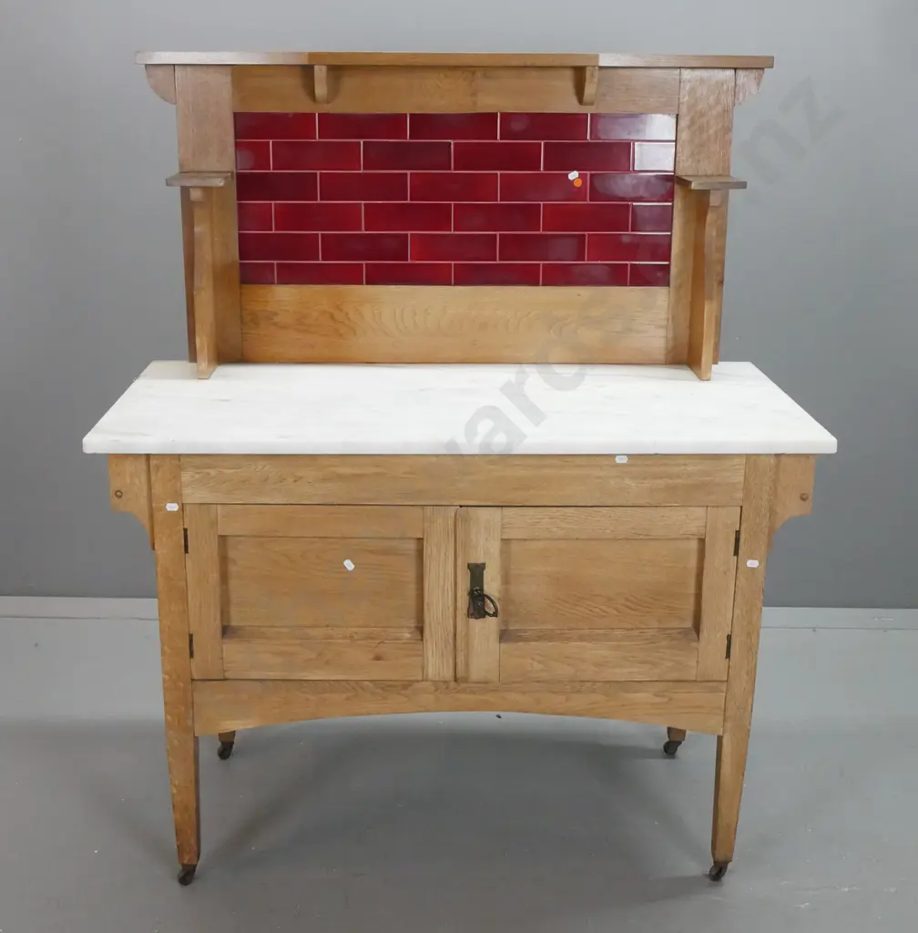 vintage arts & crafts oak tile-back wash stand w/ marble top, red tiles, 2 panelled doors, square tapered legs on metal Image 1++