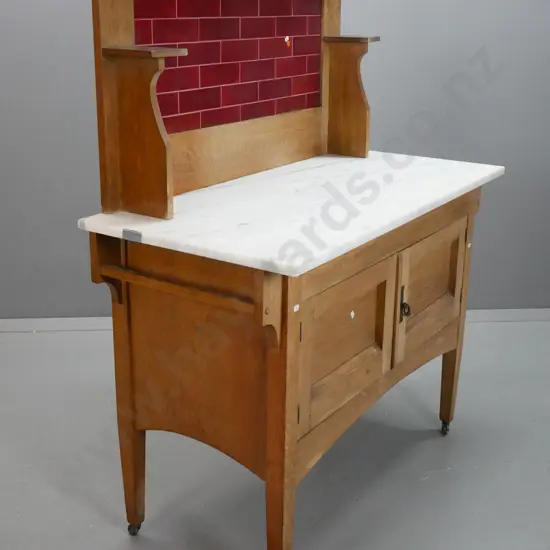 vintage arts & crafts oak tile-back wash stand w/ marble top, red tiles, 2 panelled doors, square tapered legs on metal