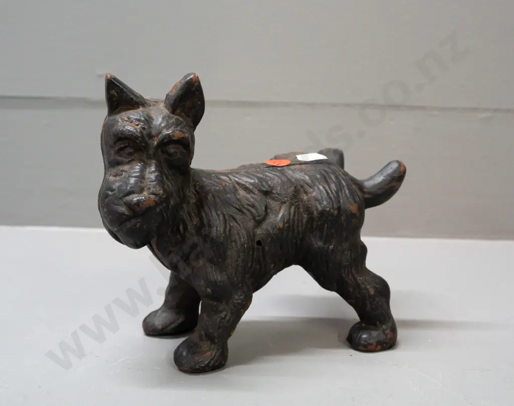 cast metal 2-piece door stop or ornament - terrier with cocked leg. Some corrosion H-150 L-170 Image 1++