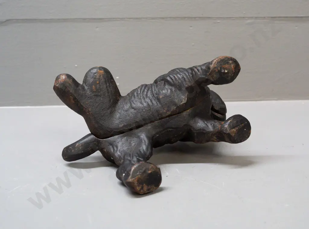 cast metal 2-piece door stop or ornament - terrier with cocked leg. Some corrosion H-150 L-170 Image 1++
