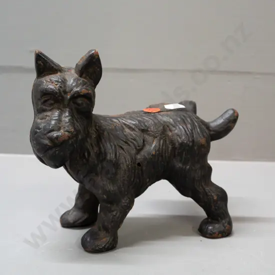cast metal 2-piece door stop or ornament - terrier with cocked leg. Some corrosion H-150 L-170
