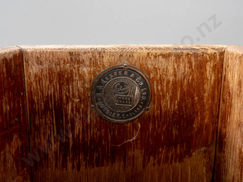 hexagonal oak umbrella / stick stand with drip tray, brass strapping, applied metal plaque w/ RA LIster & Co Ltd England Image 1++
