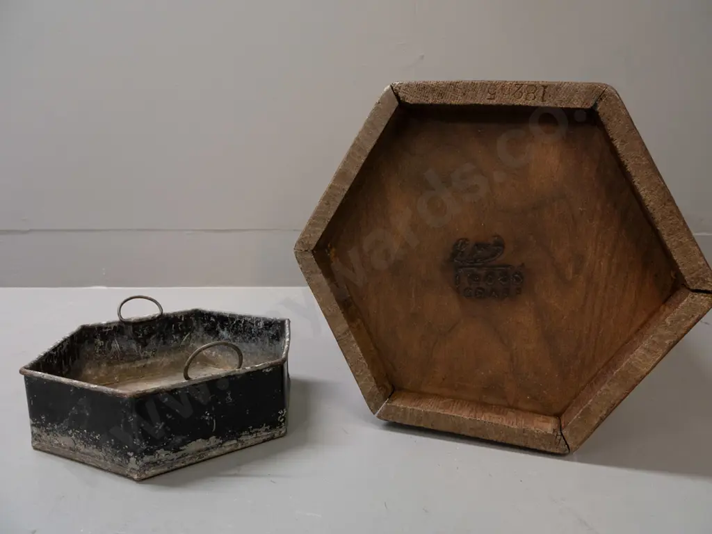 hexagonal oak umbrella / stick stand with drip tray, brass strapping, applied metal plaque w/ RA LIster & Co Ltd England Image 1++