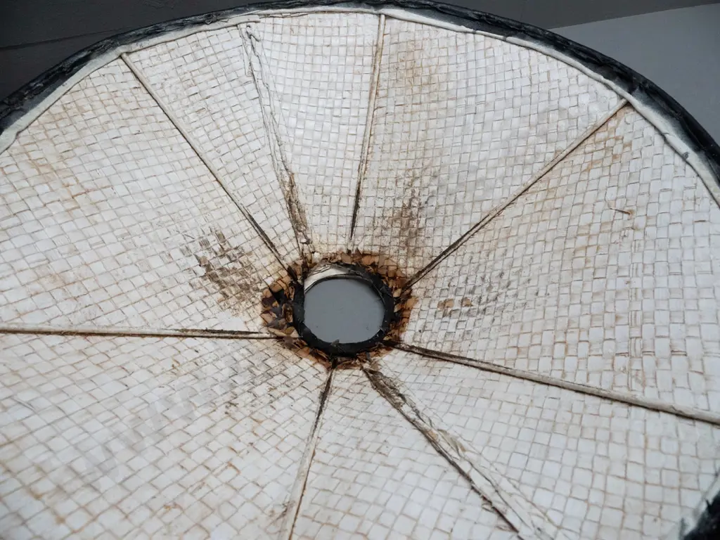 unusual (asian?) tripod shaped timber and metal framed standard lamp with cord binding, stapled plates and woven cane Image 1++