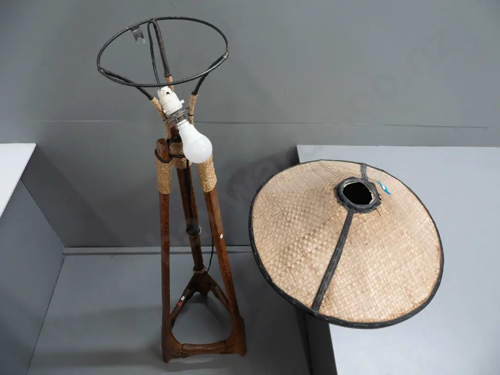 unusual (asian?) tripod shaped timber and metal framed standard lamp with cord binding, stapled plates and woven cane Image 1++