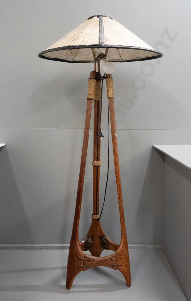 unusual (asian?) tripod shaped timber and metal framed standard lamp with cord binding, stapled plates and woven cane Image 1++