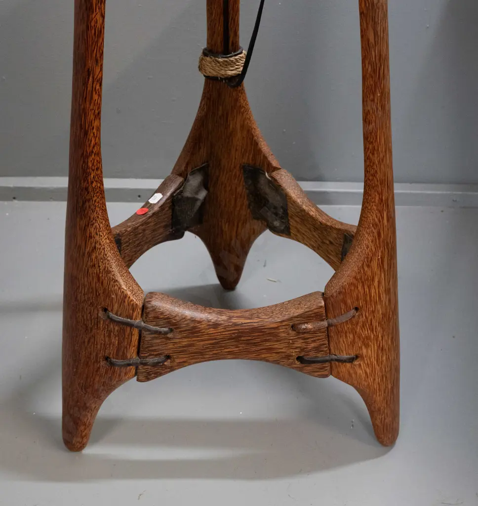 unusual (asian?) tripod shaped timber and metal framed standard lamp with cord binding, stapled plates and woven cane Image 1++