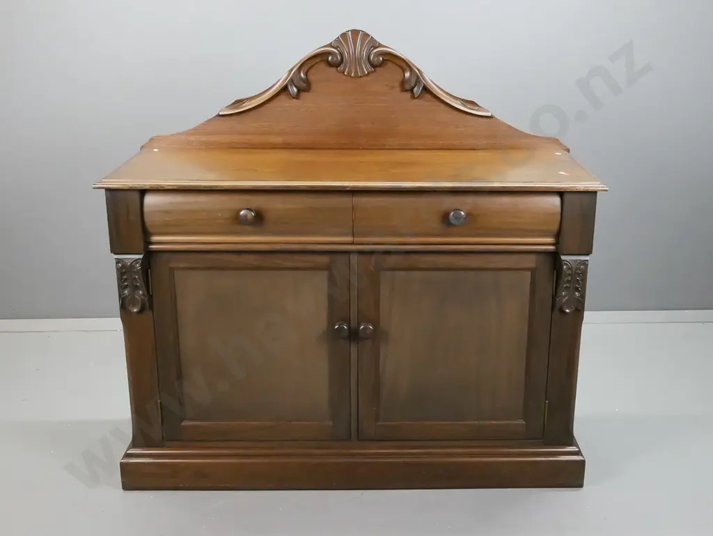 reproduction mahogany veneer carved-back sideboard w/ 2 shaped drawers, 2 panelled doors, wooden knobs - one drawer with Image 1++