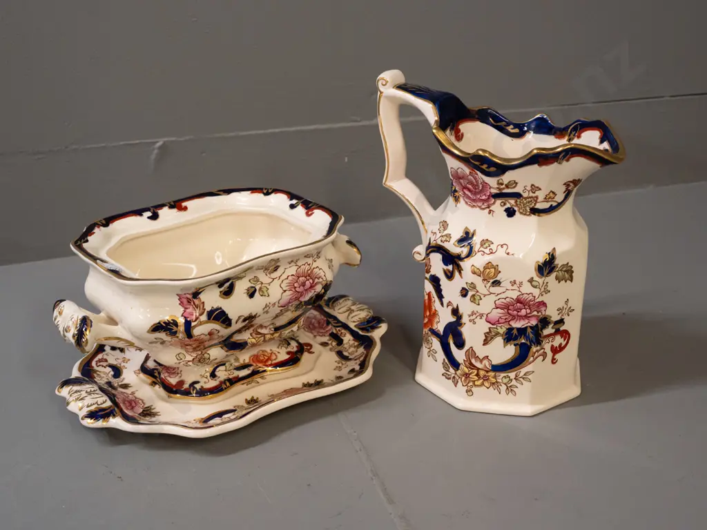 vintage Masons "Mandalay" pattern gilded and floral painted jug H-190 and small serving tureen on stand Image 1++