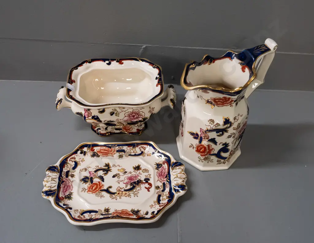 vintage Masons "Mandalay" pattern gilded and floral painted jug H-190 and small serving tureen on stand Image 1++