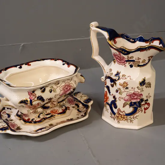 vintage Masons "Mandalay" pattern gilded and floral painted jug H-190 and small serving tureen on stand