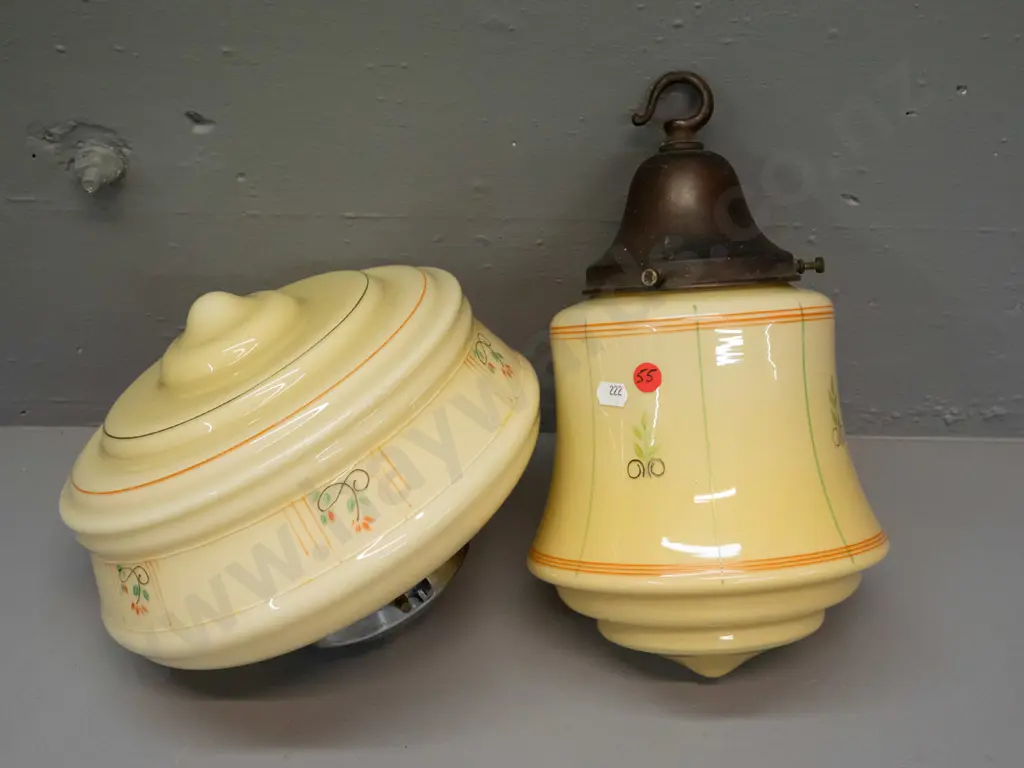 2 vintage glass ceiling light shades - both yellow with hand painted decoration, one with cast metal fitting and one Image 1++