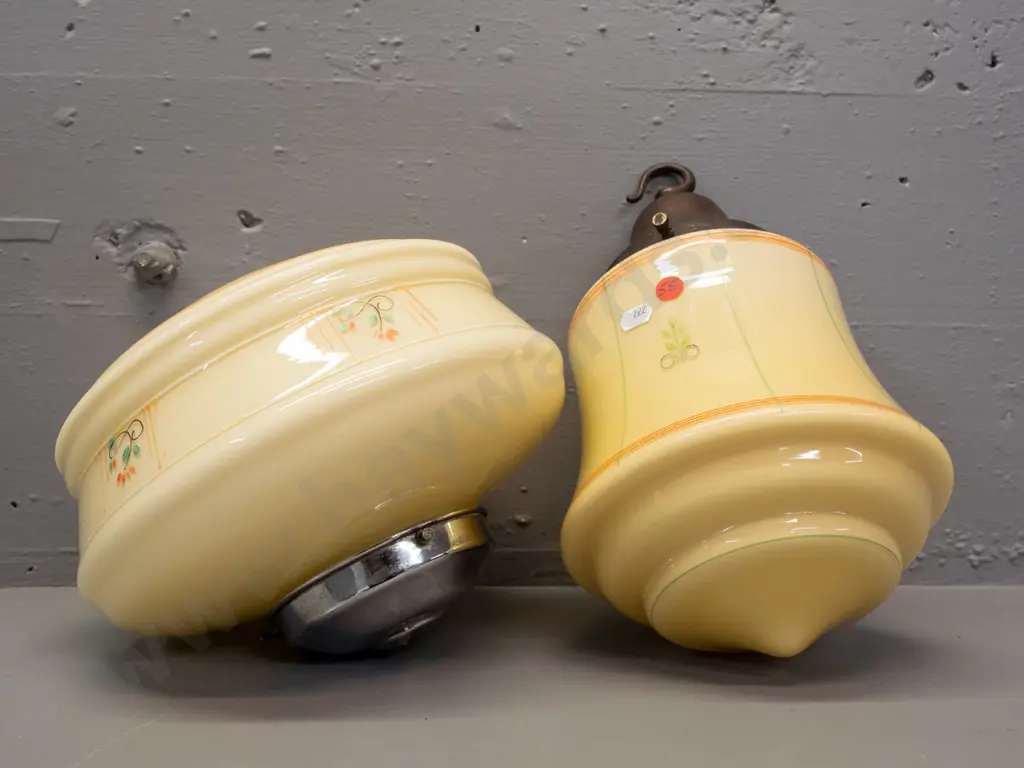 2 vintage glass ceiling light shades - both yellow with hand painted decoration, one with cast metal fitting and one Image 1++