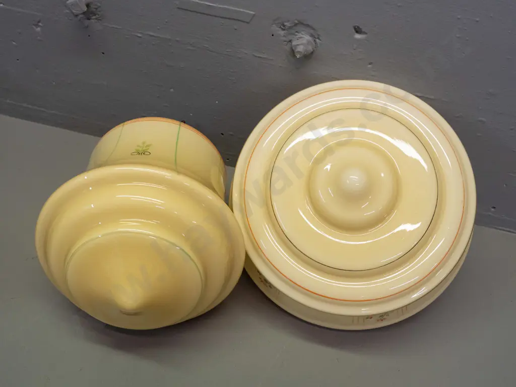 2 vintage glass ceiling light shades - both yellow with hand painted decoration, one with cast metal fitting and one Image 1++