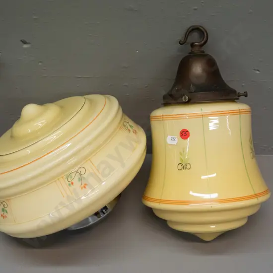 2 vintage glass ceiling light shades - both yellow with hand painted decoration, one with cast metal fitting and one