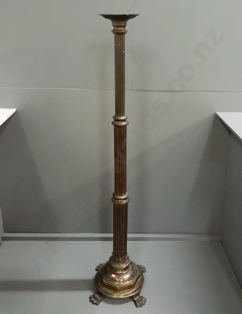 vintage brass standard lamp or torchiere stand with fluted column, 4 lion's paw feet on circular base - some age wear & Image 1++
