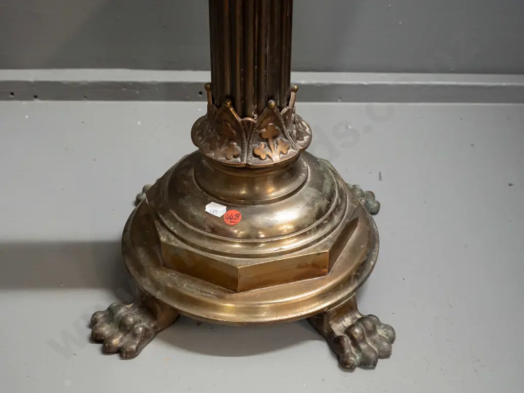 vintage brass standard lamp or torchiere stand with fluted column, 4 lion's paw feet on circular base - some age wear & Image 1++