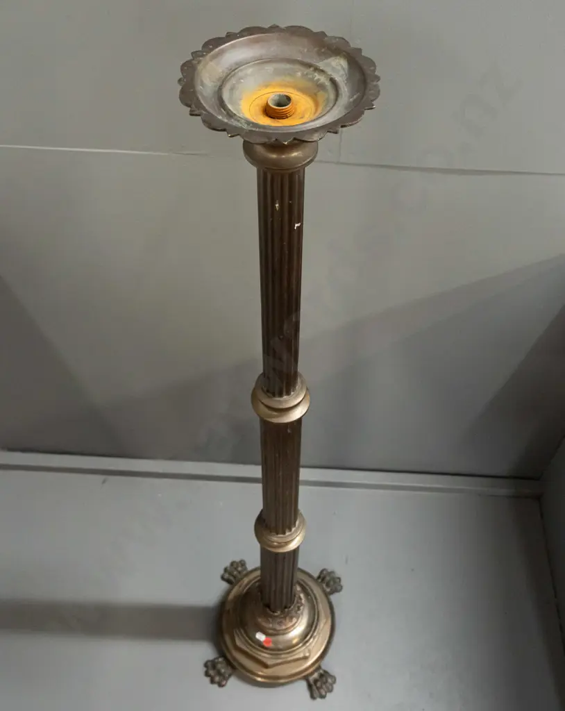 vintage brass standard lamp or torchiere stand with fluted column, 4 lion's paw feet on circular base - some age wear & Image 1++