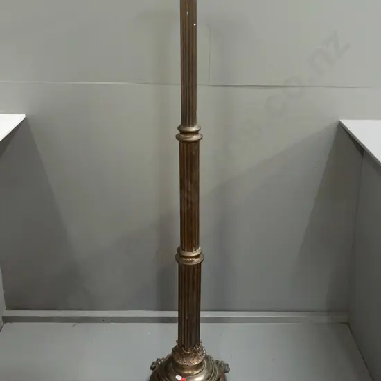 vintage brass standard lamp or torchiere stand with fluted column, 4 lion's paw feet on circular base - some age wear &