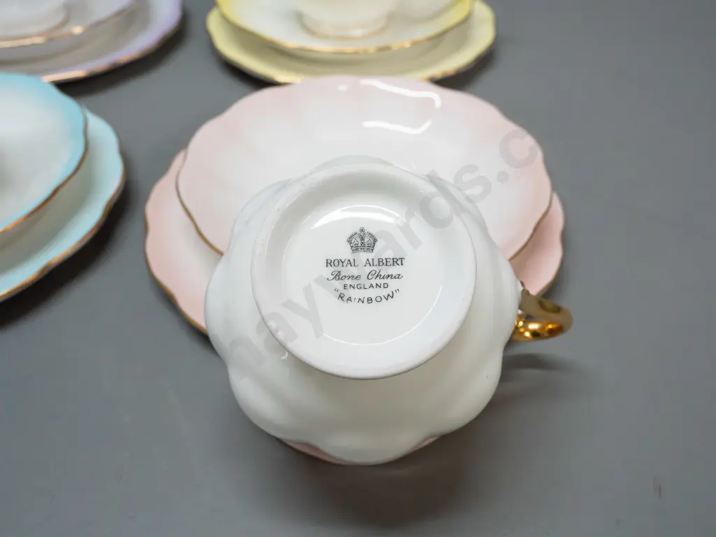 4 Royal Albert "Rainbow" trios in various colours, with gilt handles and rims Image 1++