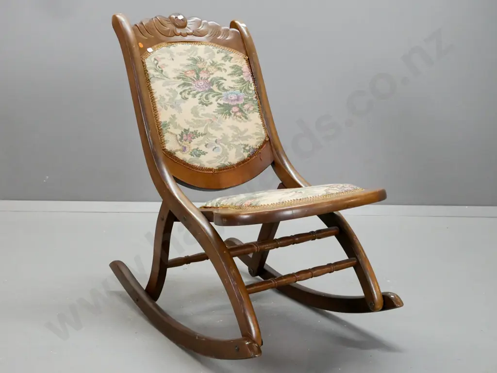 vintage beech and mixed timber folding rocking chair with carved shaped back, tapestry upholstered seat and back - some Image 1++