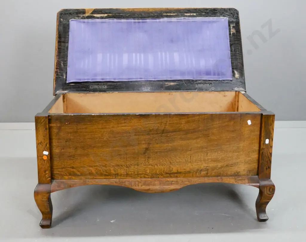 vintage oak blanket box with panelled sides, short shaped cab legs, floral upholstered top H-520 W-900 D-440 Image 1++