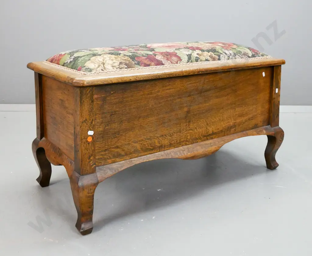 vintage oak blanket box with panelled sides, short shaped cab legs, floral upholstered top H-520 W-900 D-440 Image 1++