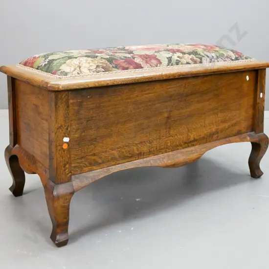 vintage oak blanket box with panelled sides, short shaped cab legs, floral upholstered top H-520 W-900 D-440